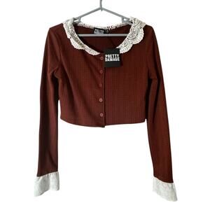 NEW Pretty Damage Ruffle Crop Cardigan Women Medium Eyelet Twee Dainty Cottage